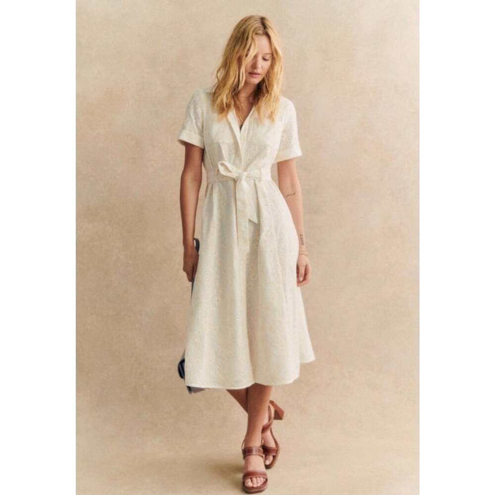Sézane Adele Dress 36 White Cream Eyelet Embroidered Cotton Midi Belted US 4